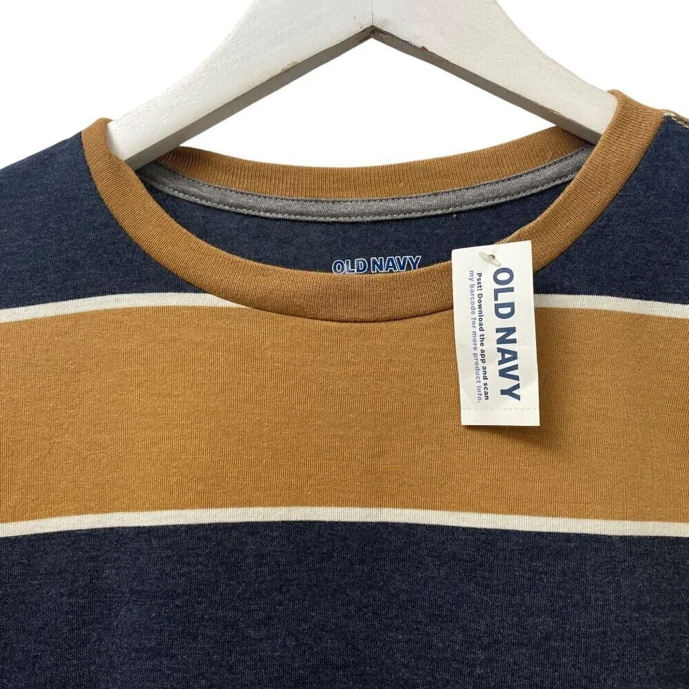 OLD NAVY Striped Tee Boys XXL / 18  Navy Brown Crew Neck Long Sleeve NWT